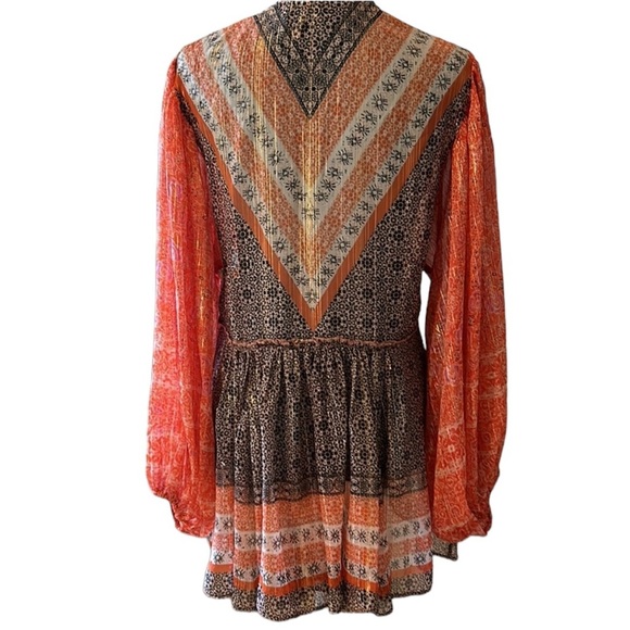 Free People VNeck Long Balloon Sleeve Blouse Printed metallic gold detail Small - Picture 3 of 9